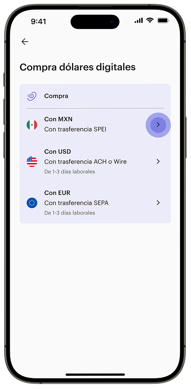 Selecciona con qué moneda vas a comprar USD, EUR, MXN